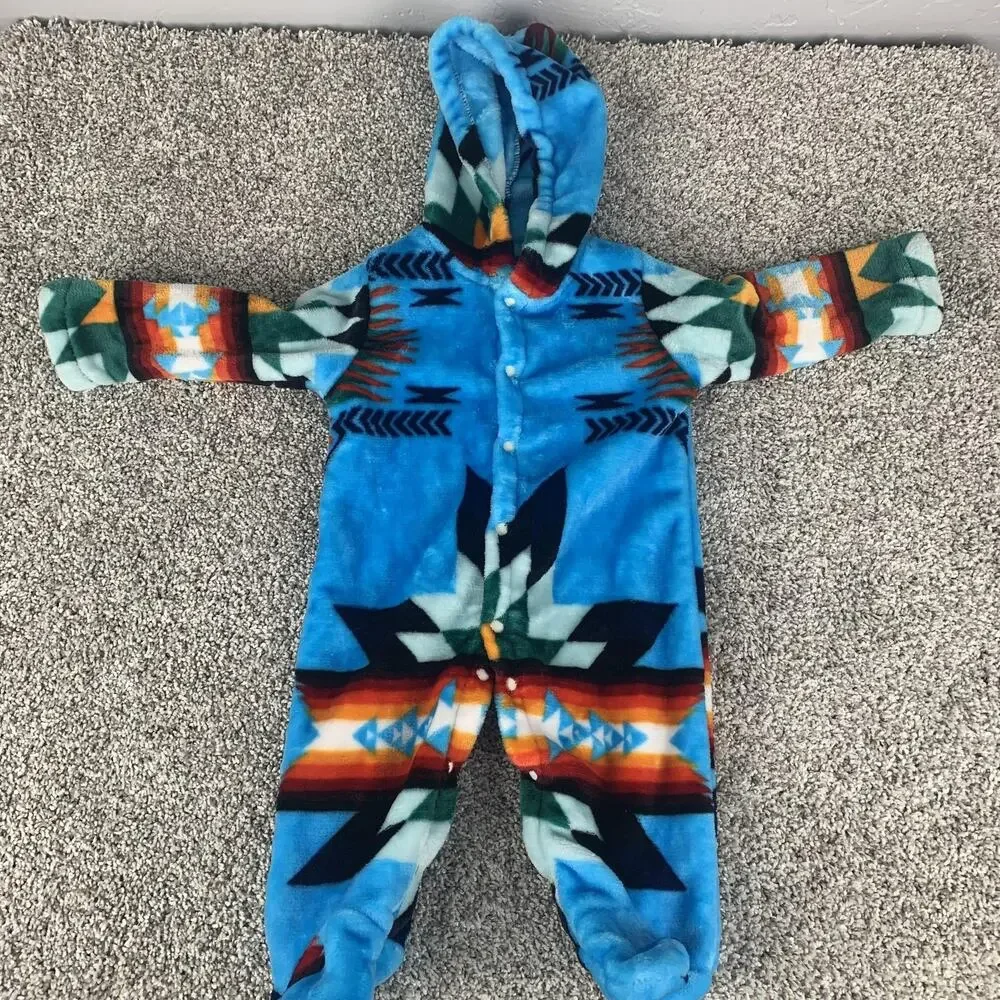 Southwestern Infant One Piece Blue Fleece Hooded Footed Aztec